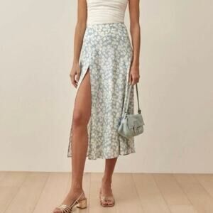 Reformation Zoe Midi Skirt Light Blue White High Slit Floral Print Womens Size 2
